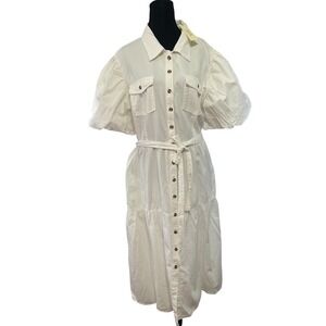 MPH Collection White Cotton Puff Sleeve Belted Tiered Midi Shirt Dress Plus 2X
